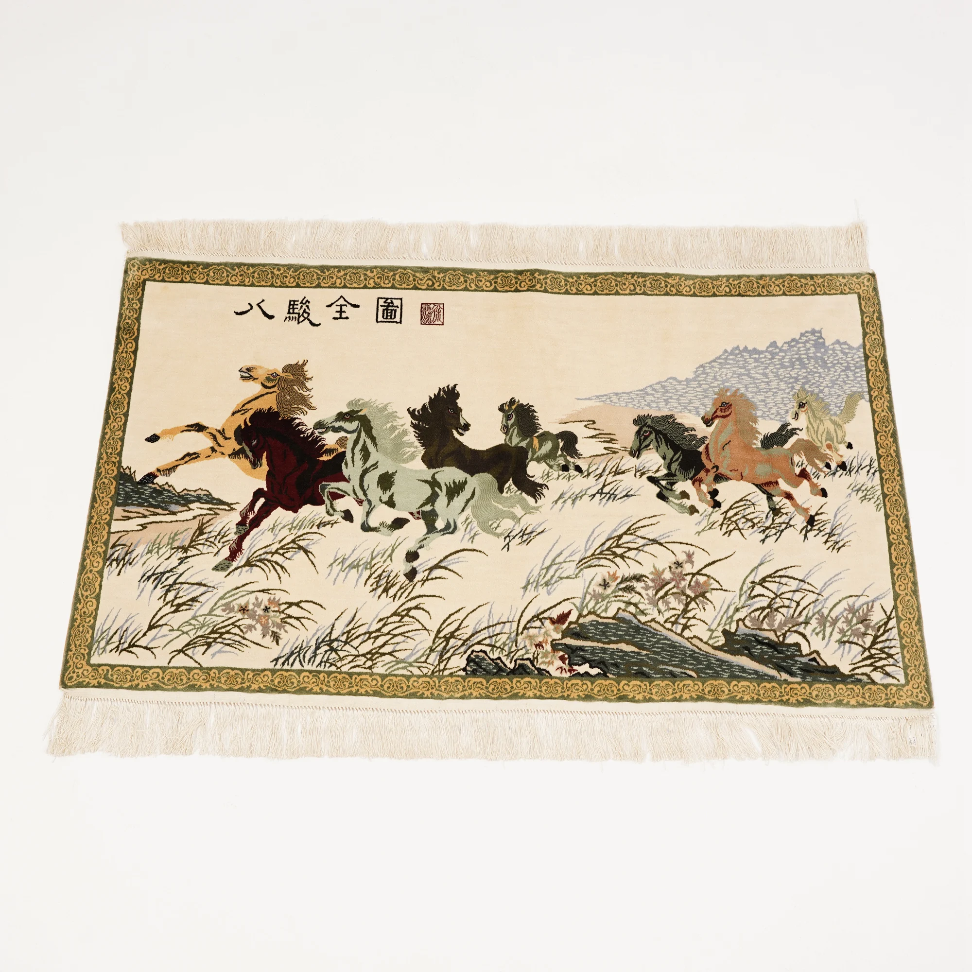 YILONG 2'x3' 500Lines Handknotted Silk Eight Horses Tapestry Area Rugs (TJ073H)