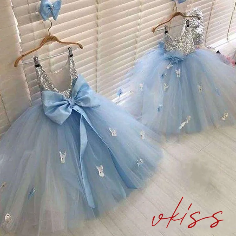 Blue Puffy Tulle Flower Girls Dresses Ankle Length O Neck with Bow Little Kids Birthday Party Size2-16Y Girls Pageant Gowns 2023