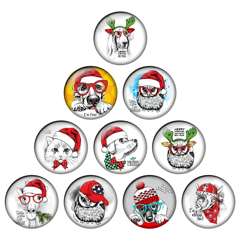 24pcs Hand drawn Lovely wear Christmas Red Hat dog cat Patterns Round photo glass cabochon demo flat back Making findings H057