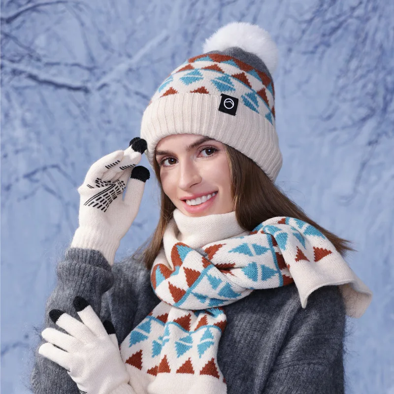 Winter warm hat scarf three-piece women's household plus fleece winter cover hat fashion Korean knitted woolen hat