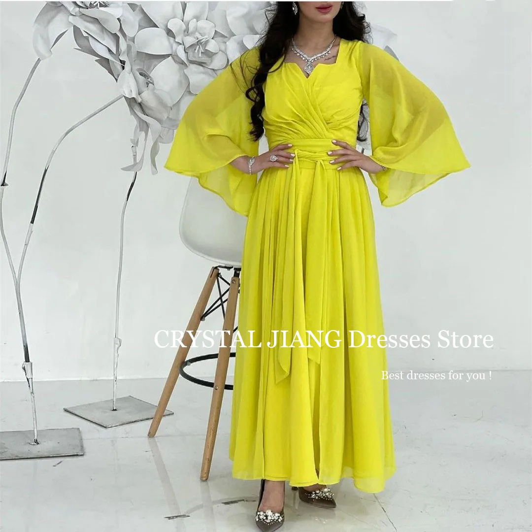 

Yellow Evening Dresses V Neck Chiffon with Long Sleeves A Line Ankle Length Prom Dress Robe de soirée for Women