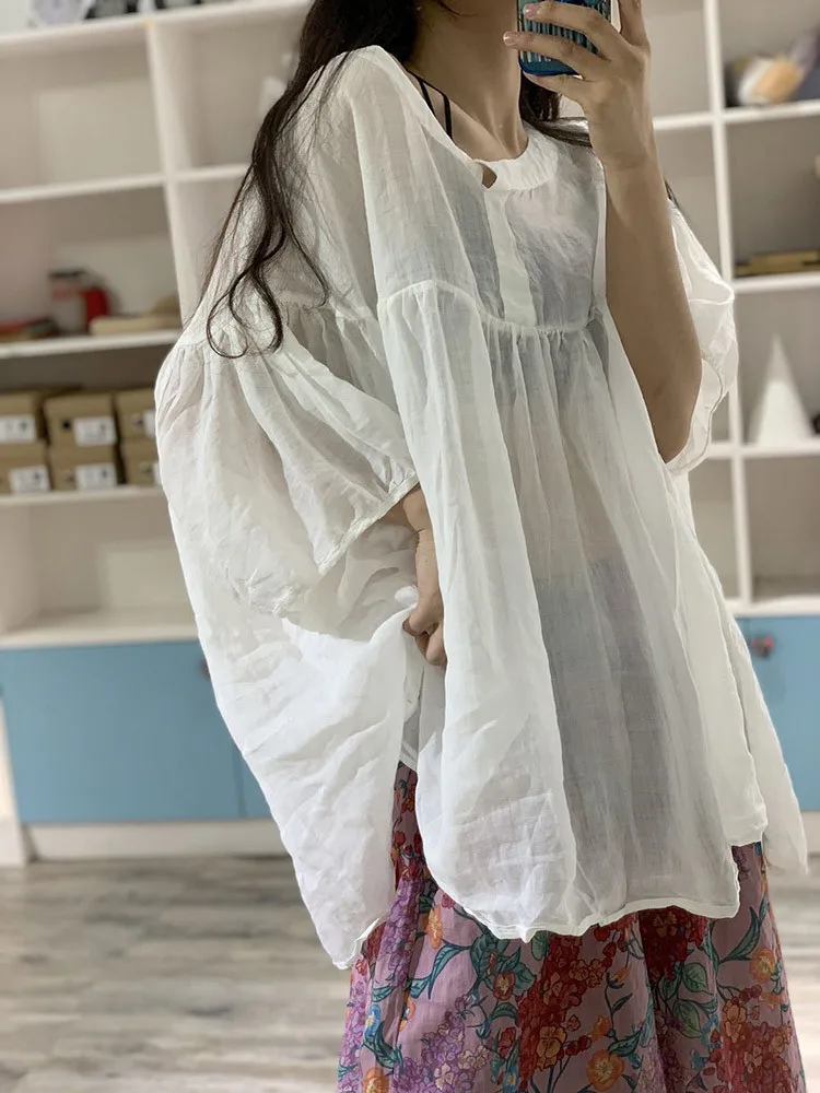 Summer Loose Shirt Women Tops Cotton Linen Pleated Ladies Blouses Casual Fashion Woman Shirt Tops 2023