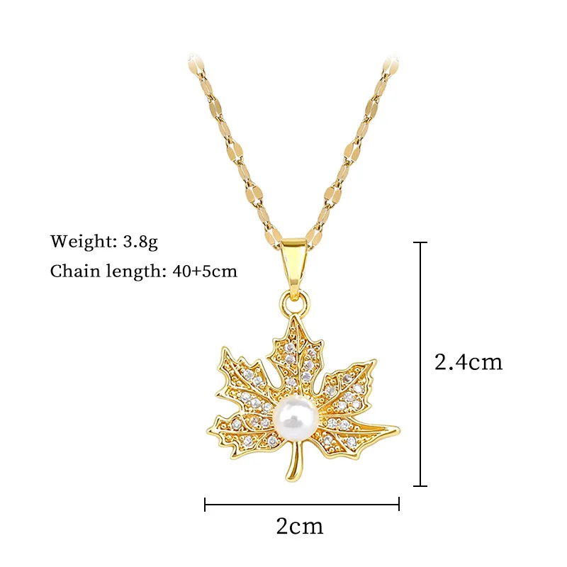DIEYURO 316L Stainless Steel Golden Maple Leaf Pearl Zircon Light Luxury Pendant Necklace For Women Waterproof  Jewelry Gift view 2