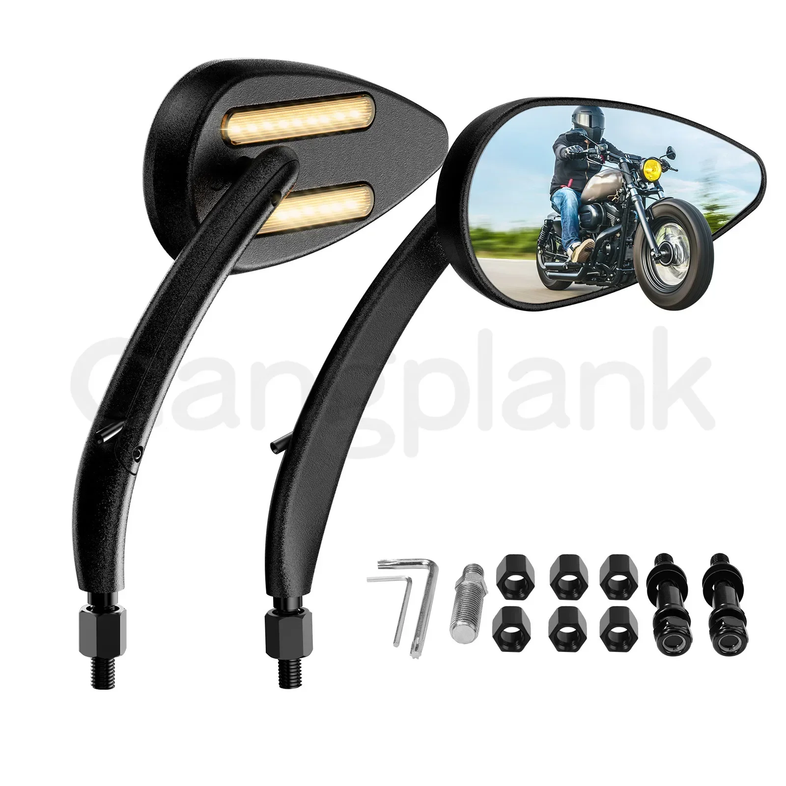 Black Rearview Mirror with Light Silver Universal Plating Reversing Mirror for Harley LED Motorcycle Side Mirrors