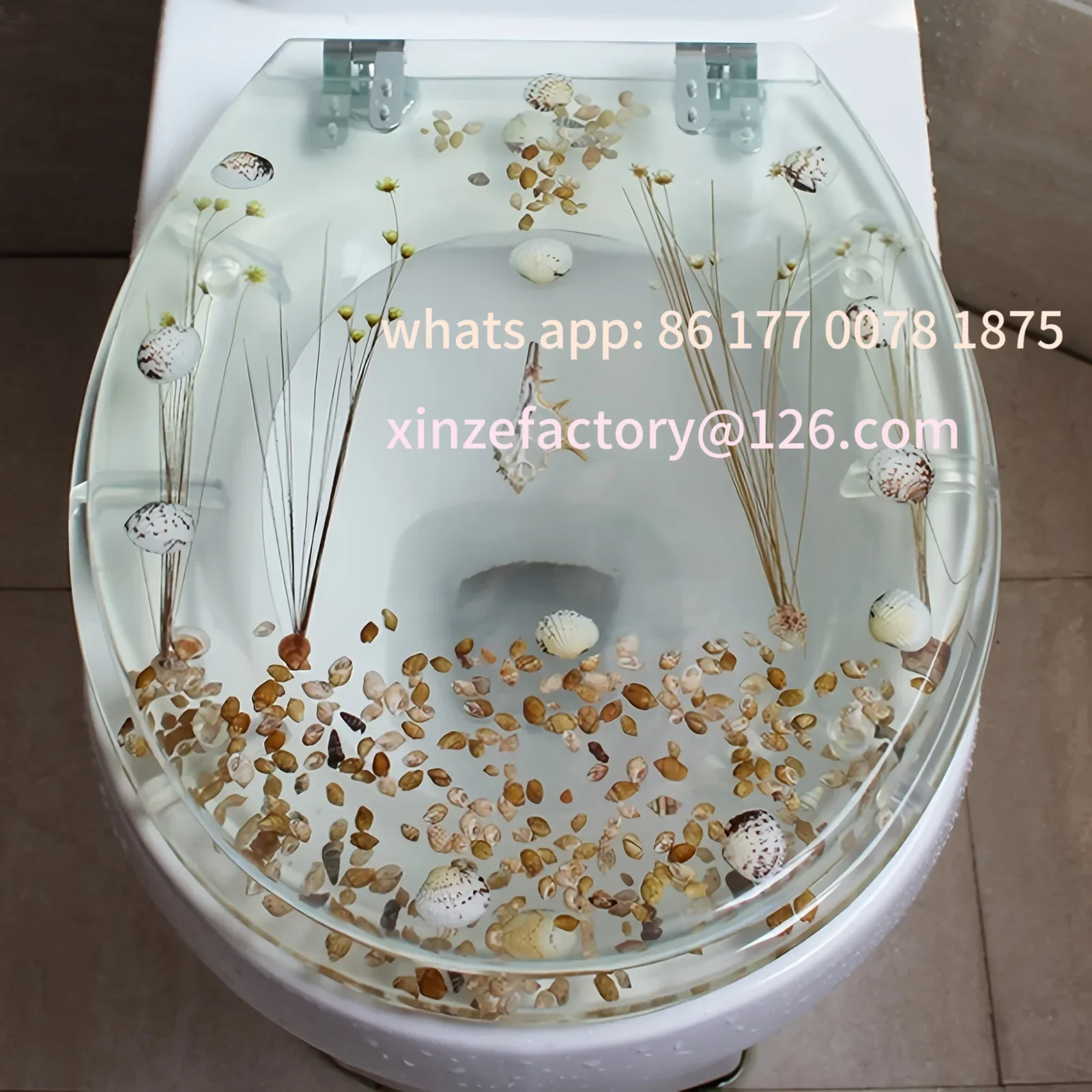 Customizable Resin Decorative Toilet Seat with Lid Chrome Hinges Shell Decor New
