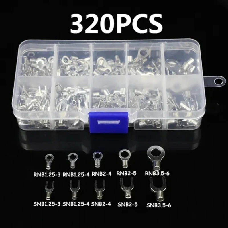 320Pcs 10 In 1 Terminals Non-Insulated Ring Fork U-type Brass Terminals Assortment Kit Crimp Spade Cable Wire Connector
