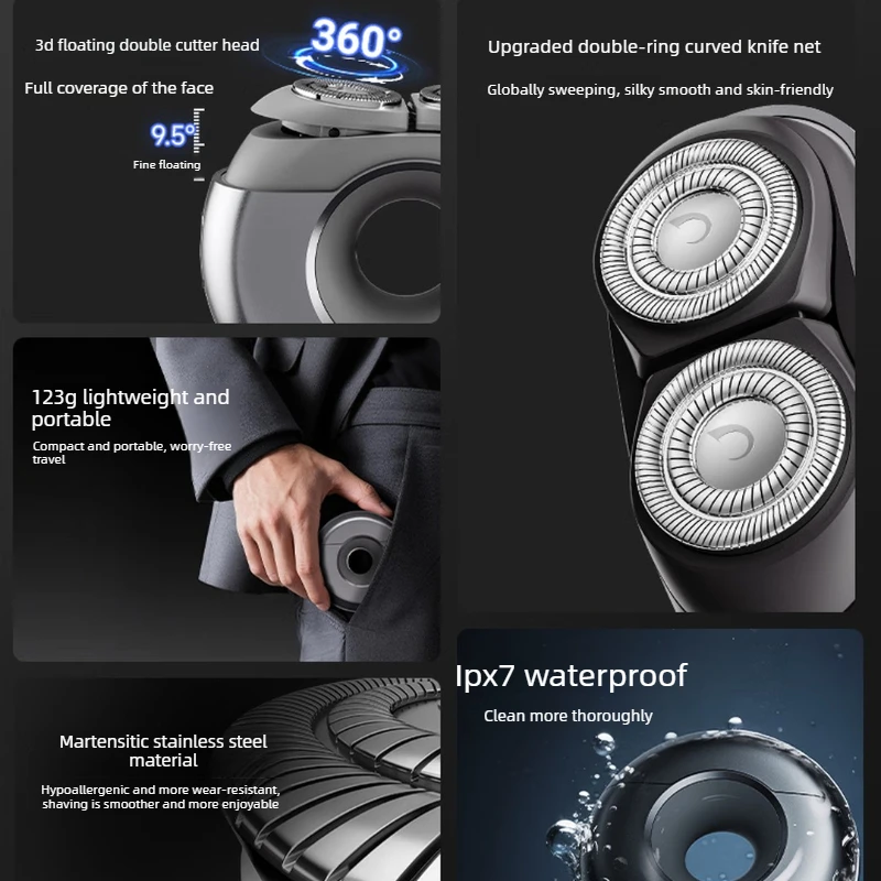 Mini Electric Shaver Dual Floating Head IPX7 Waterproof 123g Portable Rechargeable Razor for Men Travel Office Daily Use 전기 면도기