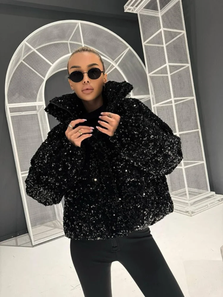 Women Colorful Sequin Cropped Puffer Jacket Stand Collar Hooded Cotton Padded Coat Winter Warm Daily Street 2026 New Outerwear