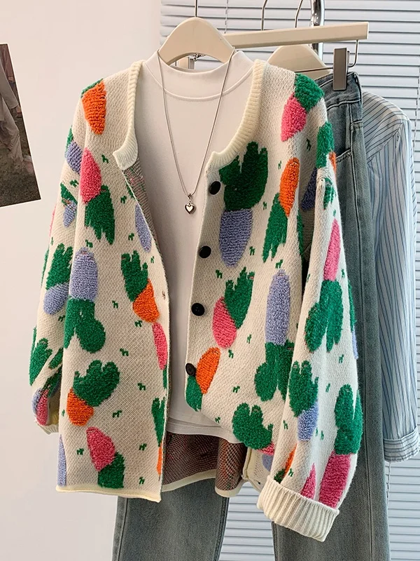 

Autumn Winter New Sle Agel round Ne Open Cardigan Sweater Thiened Loose Fit Versatile Floral Embroidery Casual irt