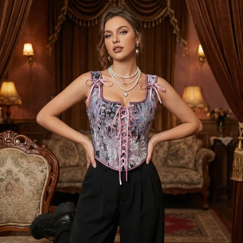 

Винтажный женский корсет с принтом, без рукавов, на шнуровке, облегающий укороченный топ, модный сексуальный женский бюстье-камизоль