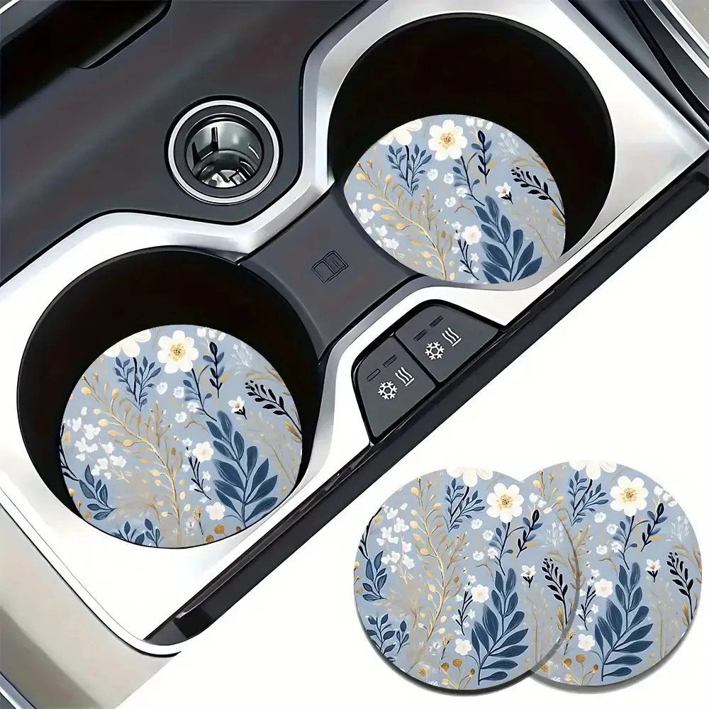 2 Elegant Floral Car Coasters - Non-Slip And Heat-Resistant, Blue And Golden Design, Suitable For Cars, Bars, Cafes, Desks - Sty