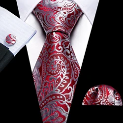 Fashion Silk Men Tie Set Red Silver Jacquard Paisley Necktie Handkerchief Cufflinks Set Wedding Party Business Gift Barry. Wang