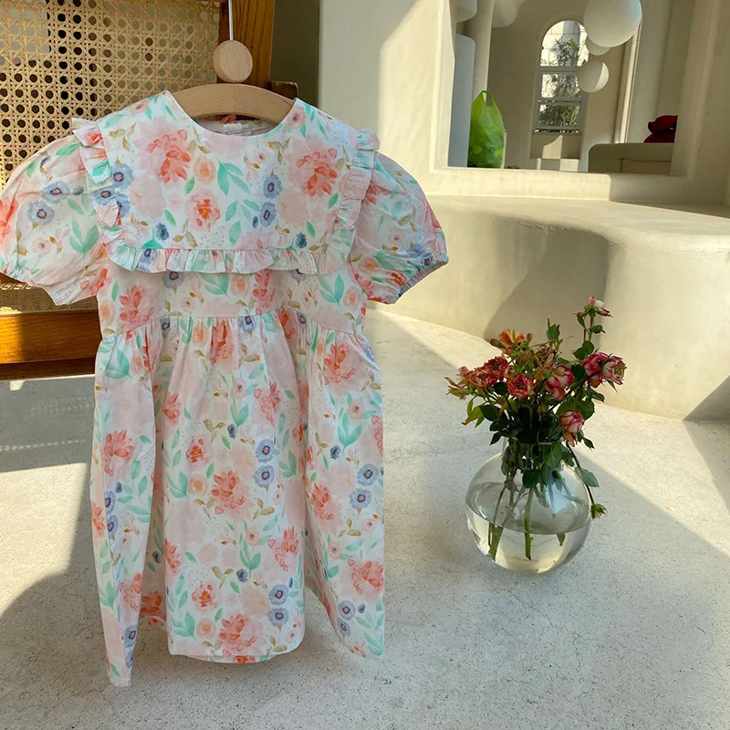 Primavera e l'estate nuove ragazze in stile coreano fiore a maniche corte in cotone vestito da principessa abbigliamento per bambini