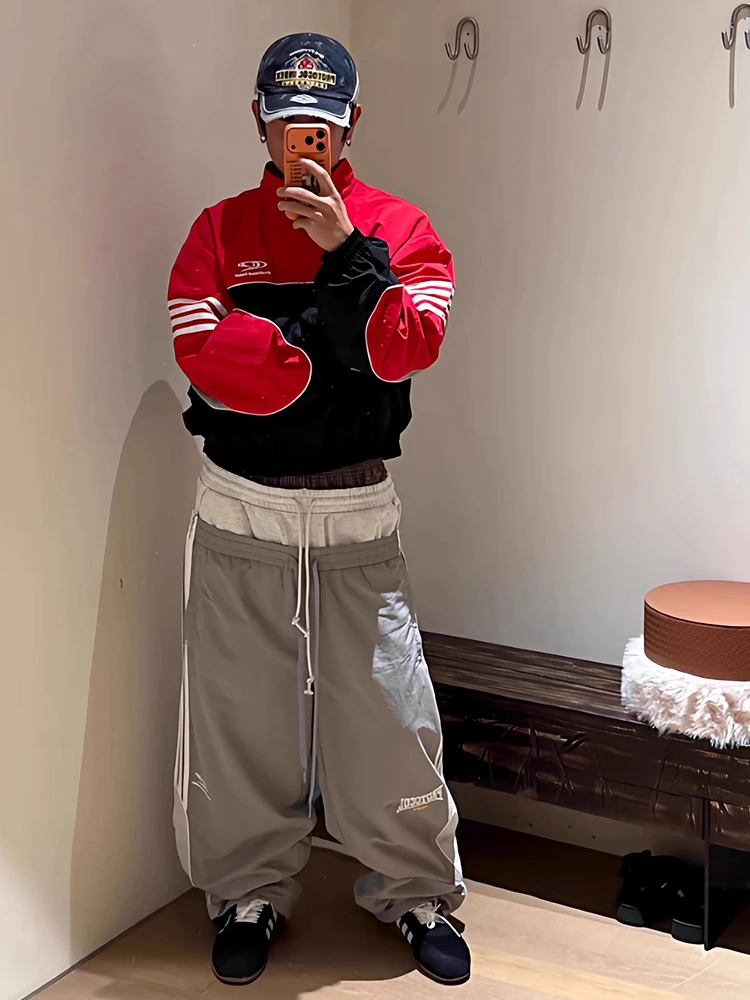 

Casual Loose Sports Pants Men's Women's Patchwork Waist Stripe Leisure Long Trousers Street Trend Brand Straight Leg Fit All ...