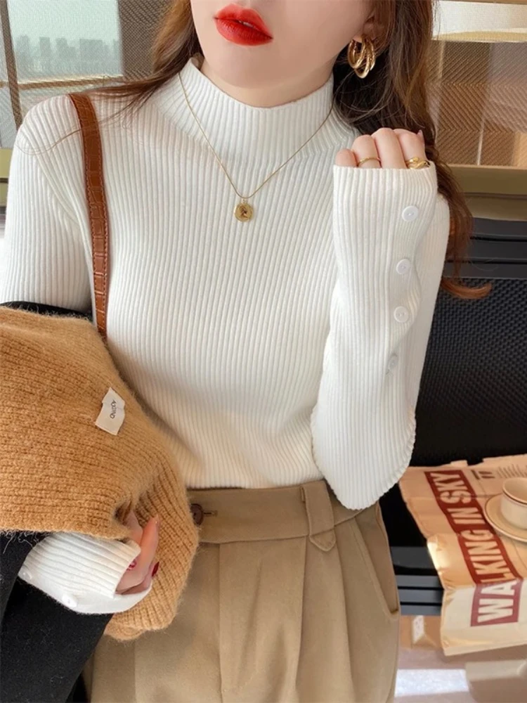 

2025 женский тонкий эластичный вязаный женский вязаный топ с длинными рукавами и пуговицами, женский пуловер, осенне-зимний свитер с воротником