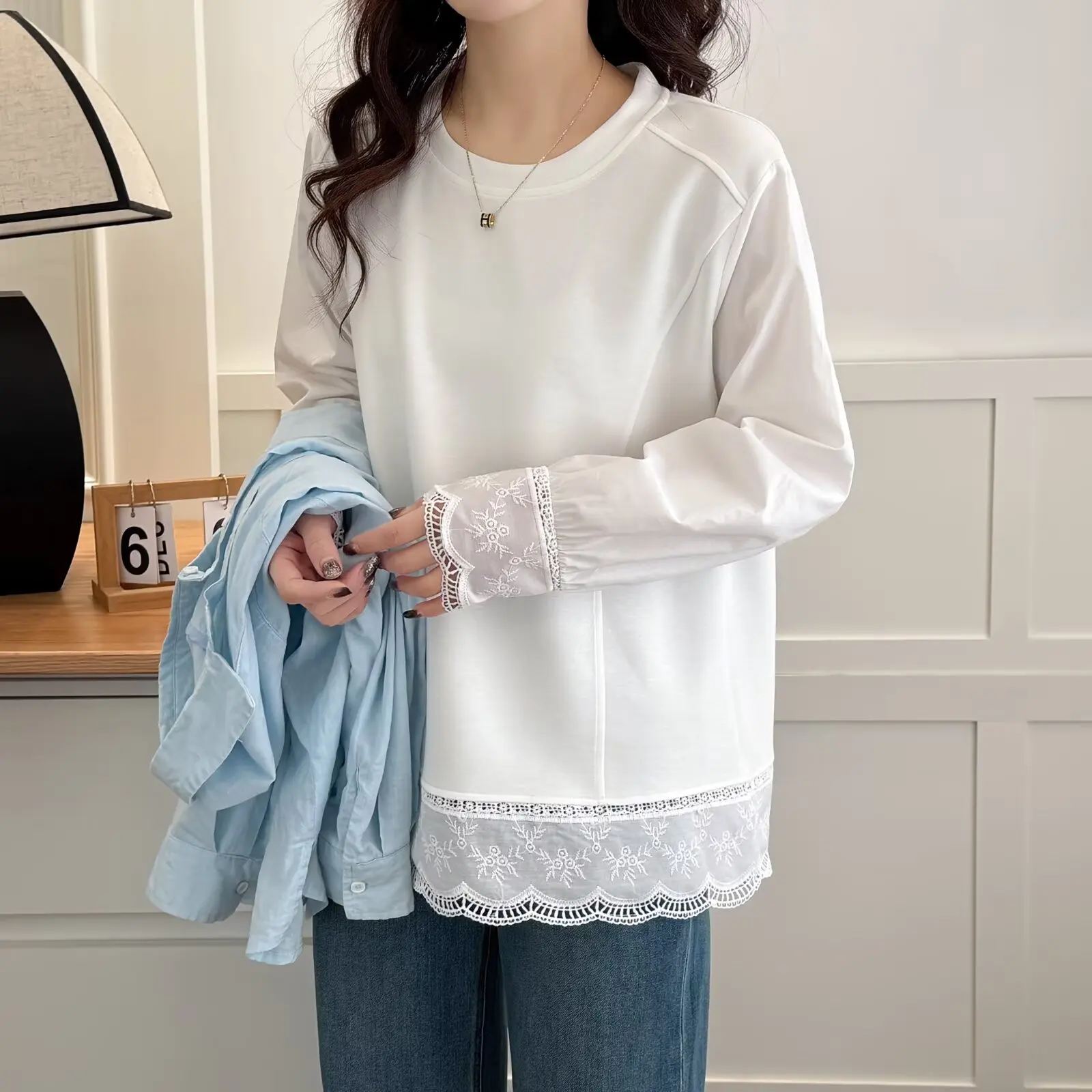 Mode Plus Size Dames T-shirt Herfst Nieuwe Stijl Elegante Kant Patchwork Lange Mouw Top 2182