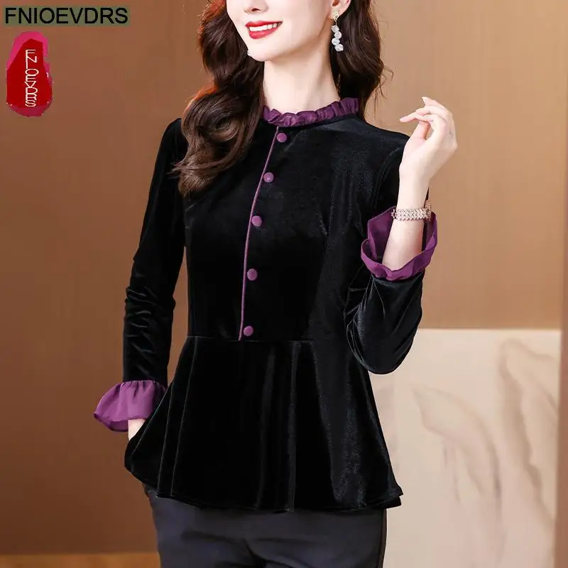 New Year Hot Black Velvet Top Basic Wear Women Autumn Winter Elegant Office Lady Button Shirts Retro Vintage Peplum Tops Blouses