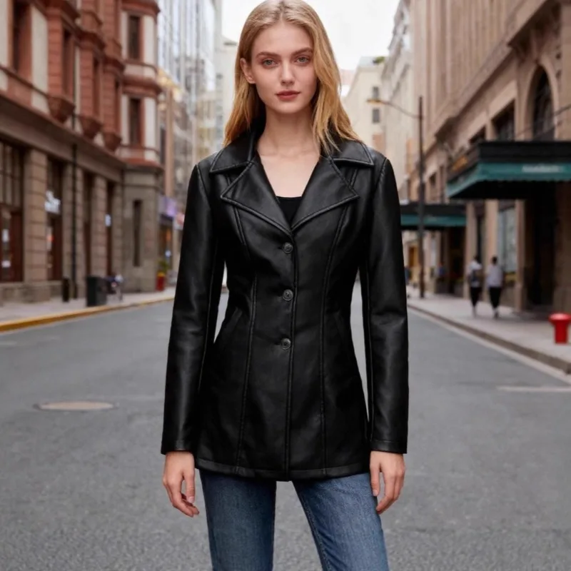 

Elegant Women Leather Jackets Spring Autumn Midi Leather Trench Coats Vintage PU Biker Outerwears Fashion Women Clothing