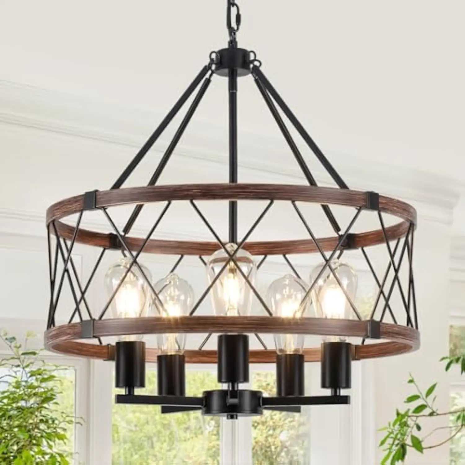 

Farmhouse Chandelier for Dining Room,Rustic Wood Kitchen Island Light, 5-Light Round Foyer Lighting Fixture Industrial Drum Cha