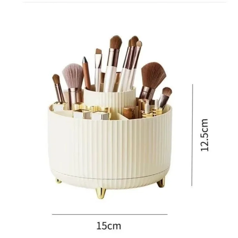 Rotating Makeup Organizer Cosmetic Display Case with Brush Holder Perfume Tray Storage Carousel for Vanity Bathroom Countertop