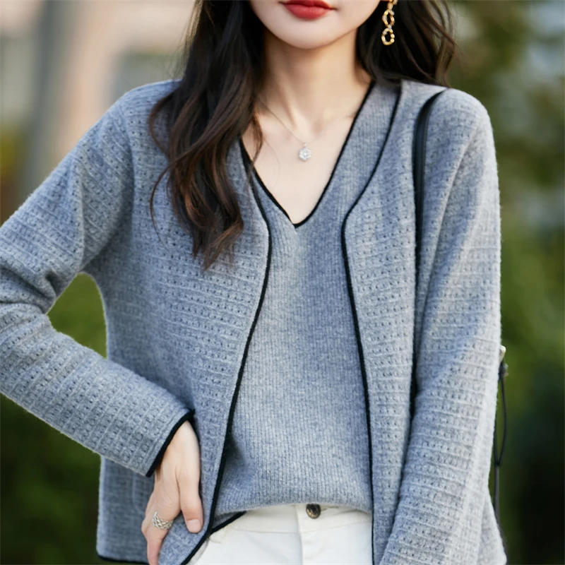 100% pure cashmere cardigan camisole two-piece loose color matching small fragrance cashmere suit female