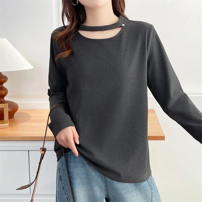 XXXXL موضة حجم كبير ملابس نسائية تي شيرت 2025 تصميم أنيق شتوي مع قاعدة مجوفة وأكمام طويلة 8095 #4