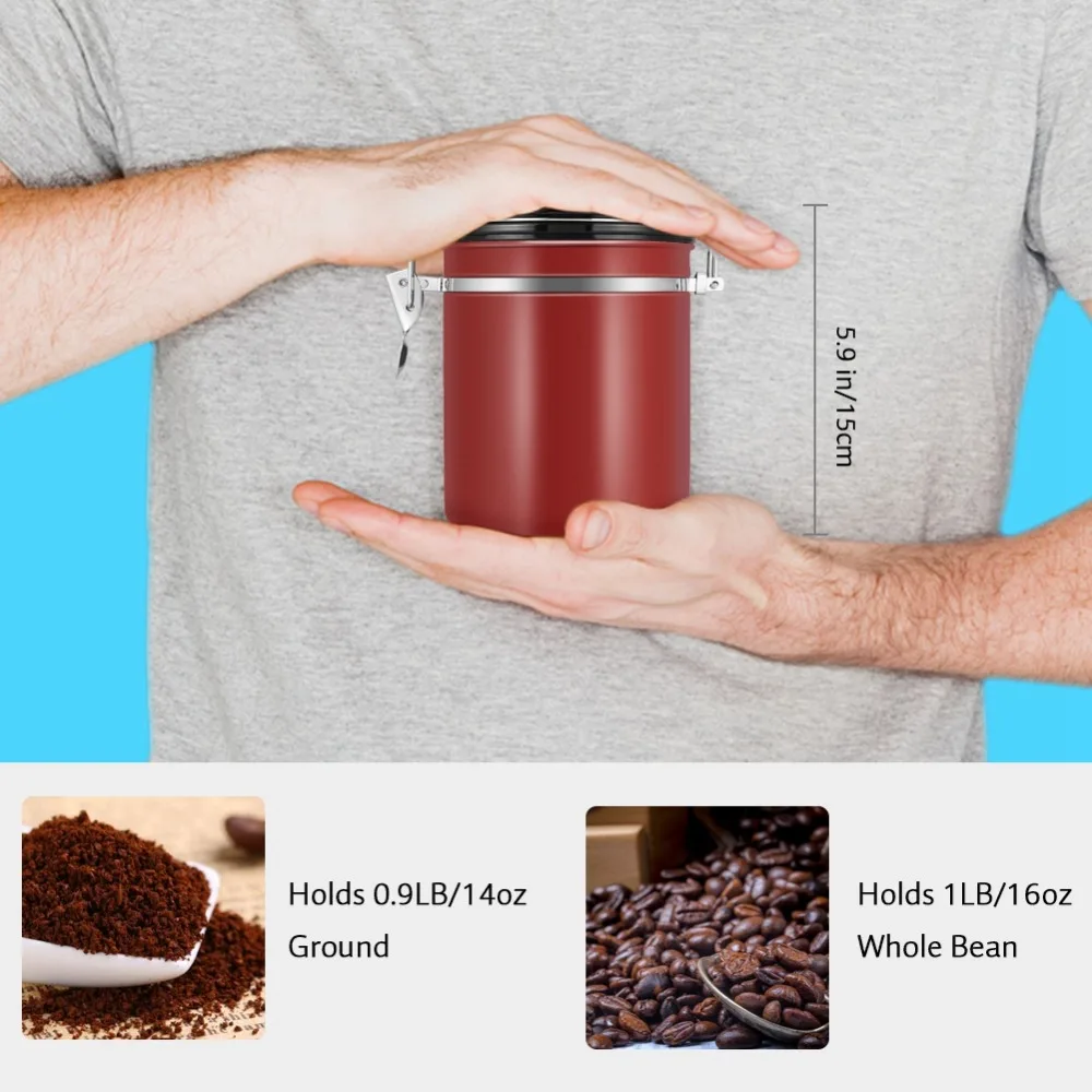 1.5L Coffee Bean Canister 304 Stainless Steel Airtight Seal Stainless Steel Container With Spoon With Date Tracker