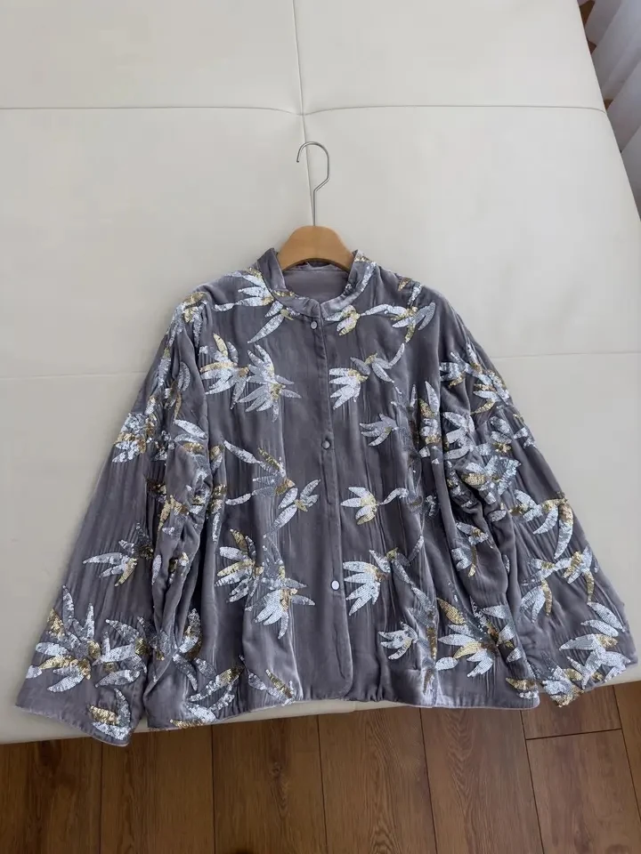

2024 new women fashion high quality long sleeve stand-up collar sequined silk velvet jacket