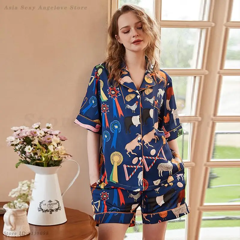 Short Sleeve Pajamas Set Nightwear High Quality Print Sleepwear Pijama Mujer Loose Casual Ice Silk Homewear Female Sexy Lingerie