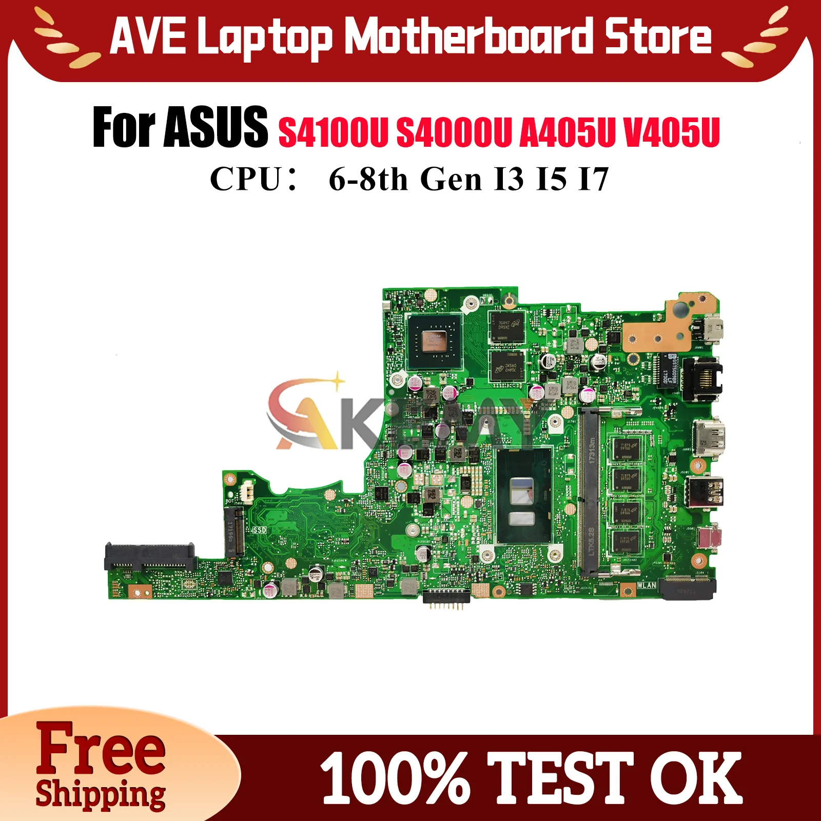 

X405UQ Материнская плата для ноутбука ASUS X405UQ A405U S4100U X405URP S4000U V405U S405U X405UN X405UF X405U Материнская плата с процессором I3 I5 I7