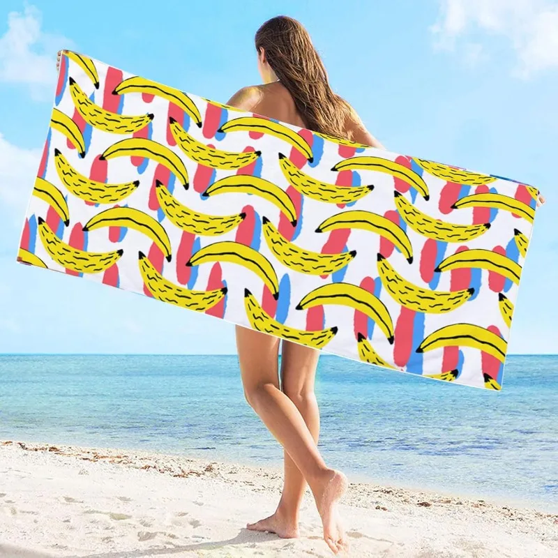 

1pc modern banana printed beach towel, 27.5x55 inches, ultra soft polyester knit fabric, machine washed, oval shaped, fruit patt
