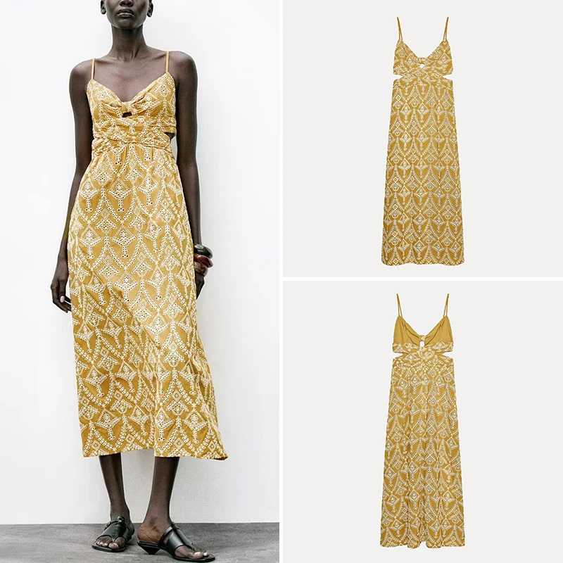 2025年夏新作 レディースファッション 刺繍プリント ノースリーブ ミディ丈ワンピース Zブランド ヨーロッパスタイル ポリエステル繊維00%