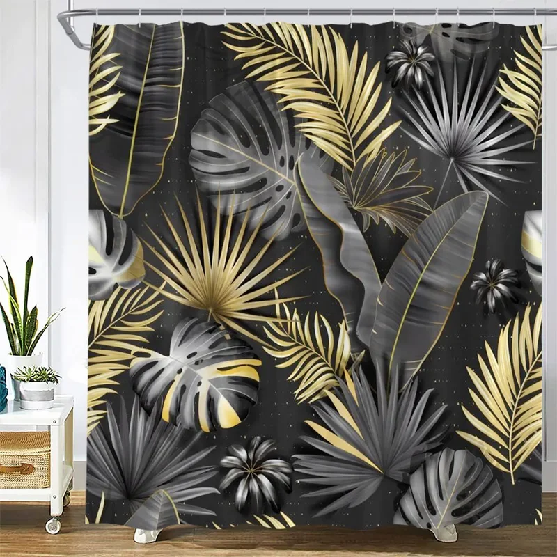 Black Gold Leaves Shower Curtains Tropical Plant Palm Leaf Monstera Flowers Modern Home Hanging Curtain Bathroom Decoration Set