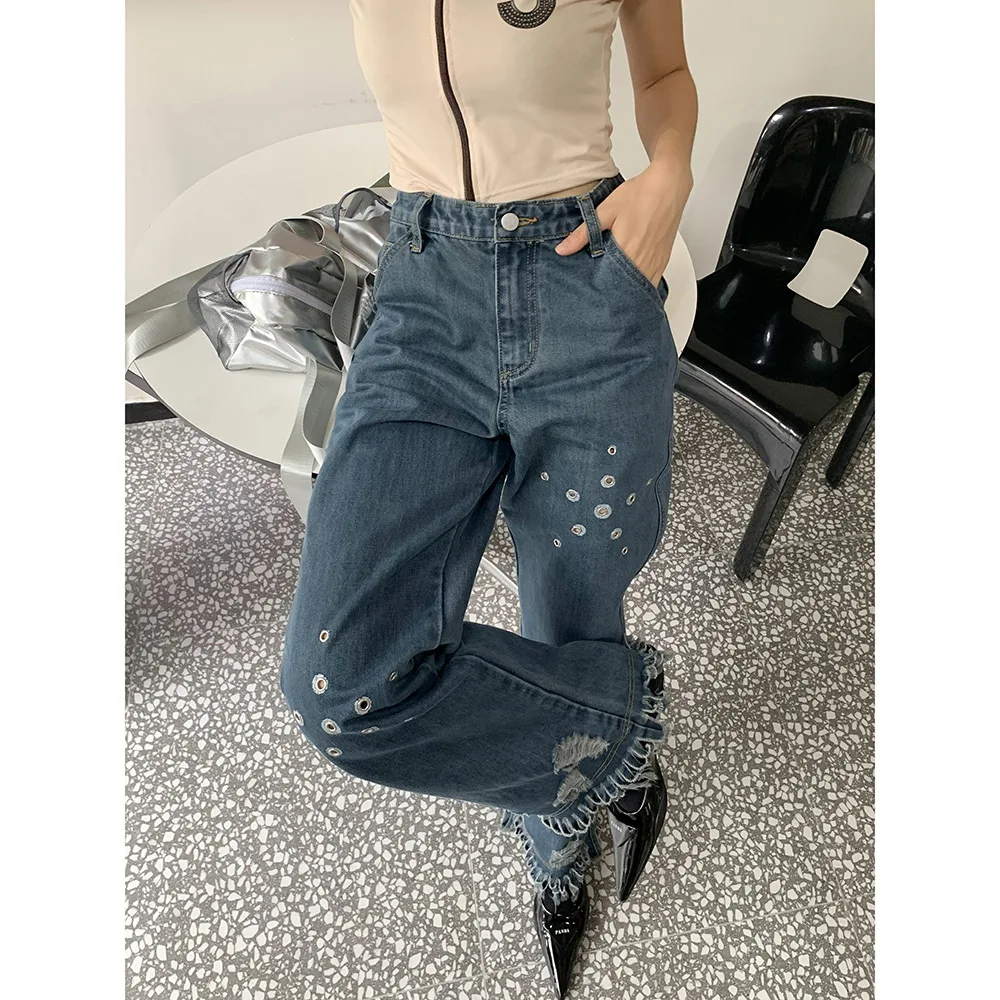 

Hole Tassel Jeans Women's 2022 Summer New Personality Street Chic Straight Denim Wide-leg Pants Women