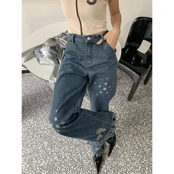 Buco nappa Jeans donna 2022 estate nuova personalità Street Chic dritto Denim pantaloni a gamba larga donna