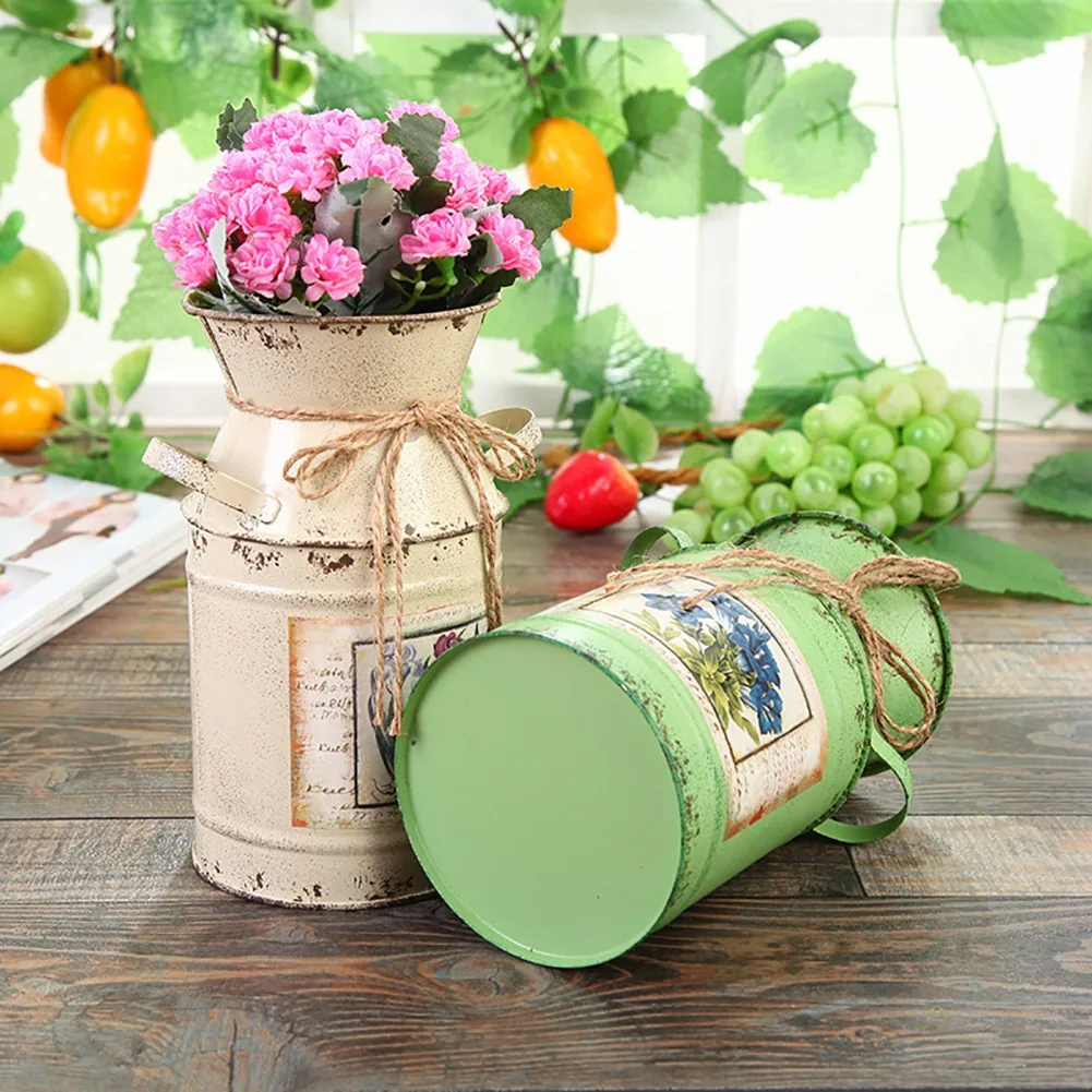 Shabby Table Gift Arrangement Craft Home Decoration Vintage Pots Iron Bucket Wedding Flower Vase Rural Style -Beige