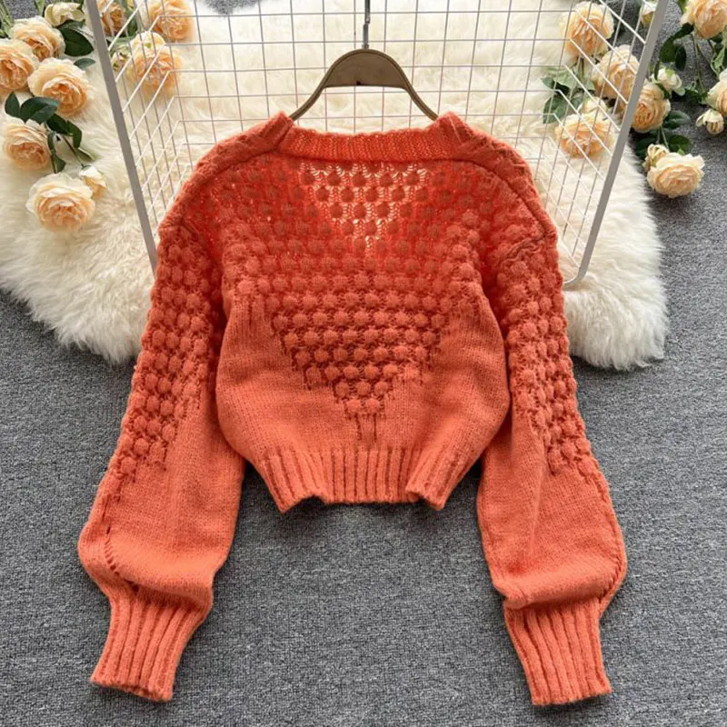 Orange Hollow out Acrylic Knit Lantern Sleeve V-Neck Women\'s Cardigan Single Breasted Sweater Cardigan For Women Clothing 2024