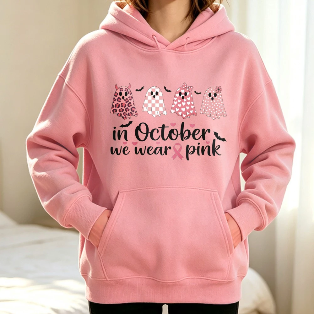 Breast Cancer Support Squad Sweatshirt Warrior Pink Ribbon Pullover Cute Breast Cancer Gift In October We Wear Pink Ghost Hoodie