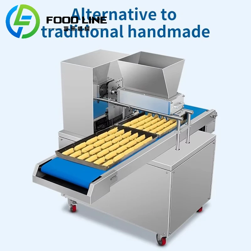 새로운 자동 쿠키 프레스 기계로 제과점에서 밀가루와 우유로 맛있는 간식을 만들 수 있습니다.