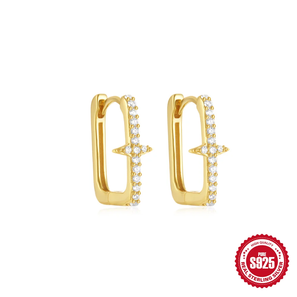 

CANNER Four Pointed Star Zircon 925 Sterling Silver Classic Square Hoop Earrings For Women Ins C-Shape Three Layers Earrings
