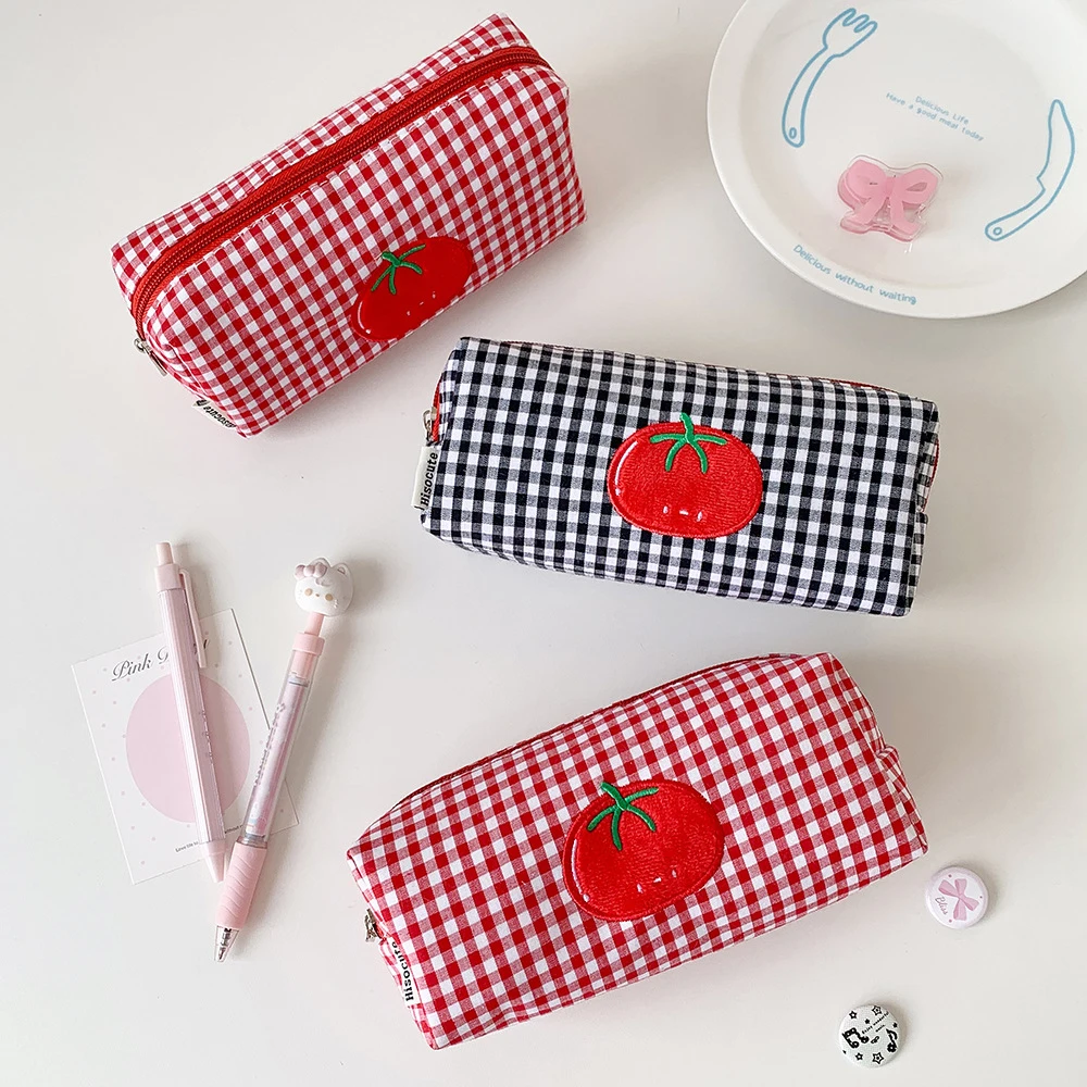 A Tomato-Colored Checkered Makeup Bag, Makeup Brush Storage Bag, Portable Large-Capacity Stationery Pencil Case