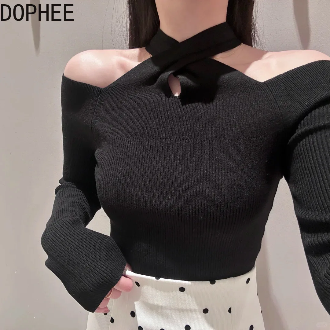 Japanese 2026 New Spring Elegant Stripes Knitted Basic Shirts Crossed Bow Lace-up Slim Crop Pullover Top Women Knit Sweaters