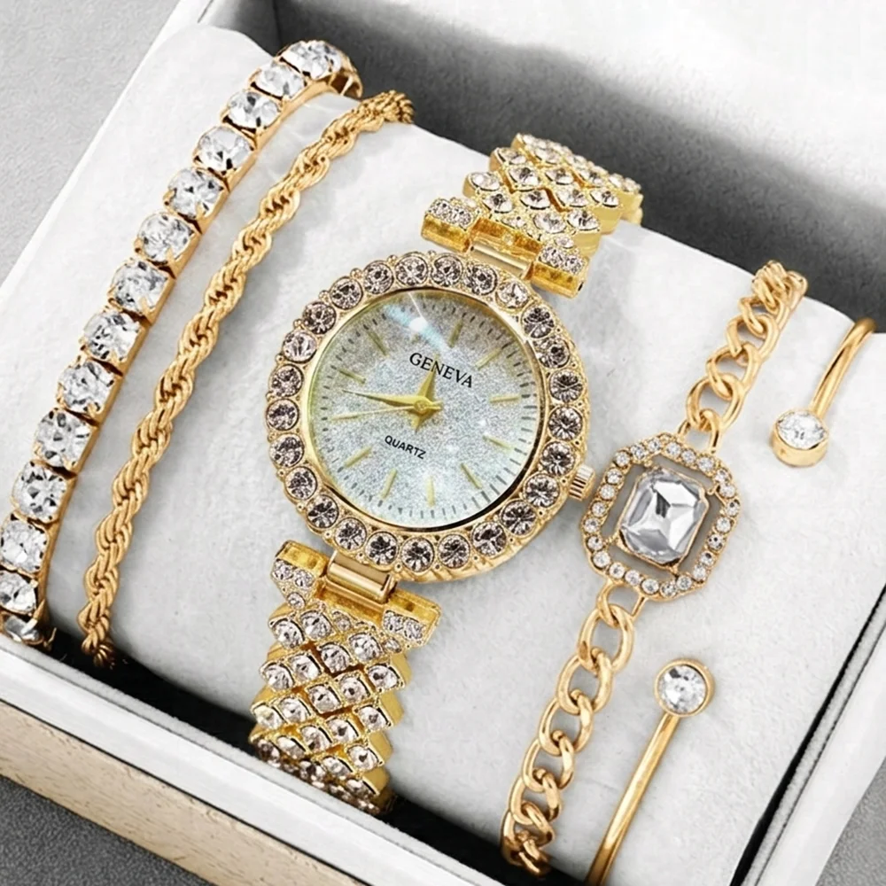5Pcs/Set Unisex Jewelry Watches Women's Wristwatch Accessories Gold Trendy Fashionable Elegant Classic Exquisite Light Luxury Rhinestone Luxury Quartz Watch Set Y2K Suitable for Daily Outfits Perfect Holiday Gift