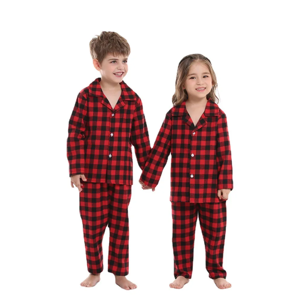 2-Piece Cotton Pajama Set Kids Boys Girls Plaid Pattern Christmas Loungewear Kids Cotton Pajamas Set Plaid