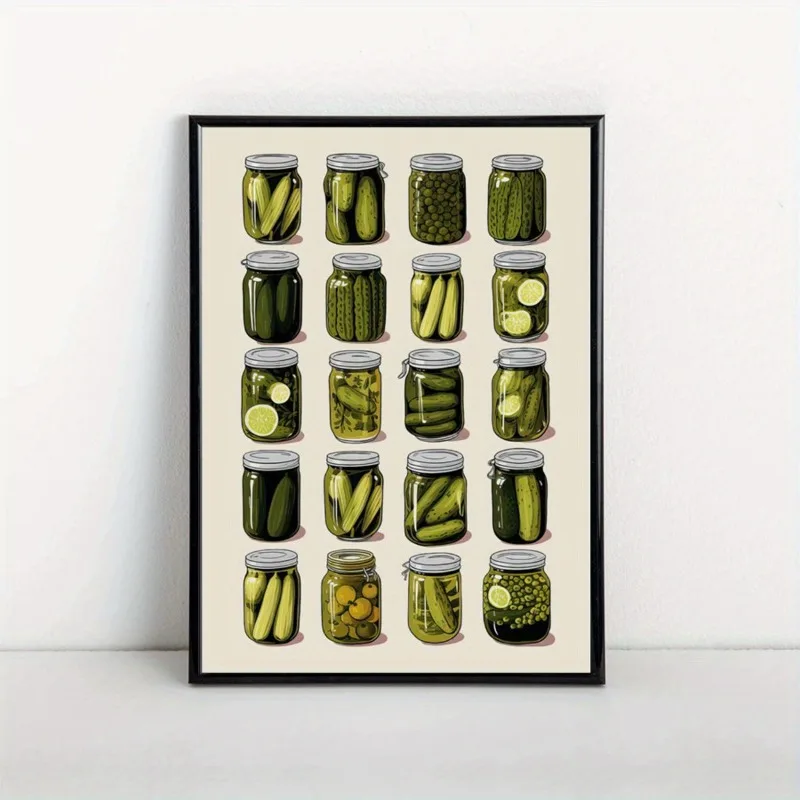 

1pc Frameless Canvas Wall Art Poster Vintage Pickle Jar Illustration, Featuring 12 Unique Pickle Varieties , Modern Wall Decor
