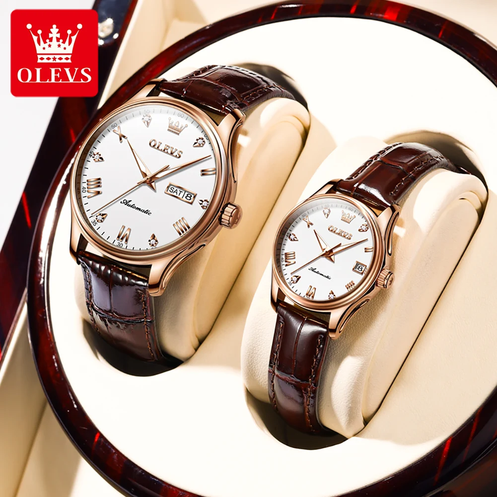 OLEVS Couple Watches Trend Casual Simple Fashion Original Self-winding Mechanical Wristwatch for Lover Waterproof Luminous Date