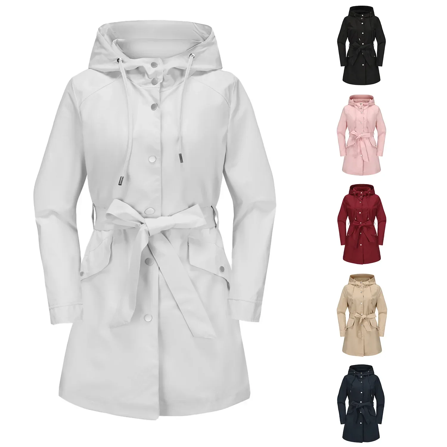 

2025 Women's Spring Autumn Long Sweat Jacket Hooded Waterproof Jacket With Waist Belt Female Thin Casual Loose Windbreaker New