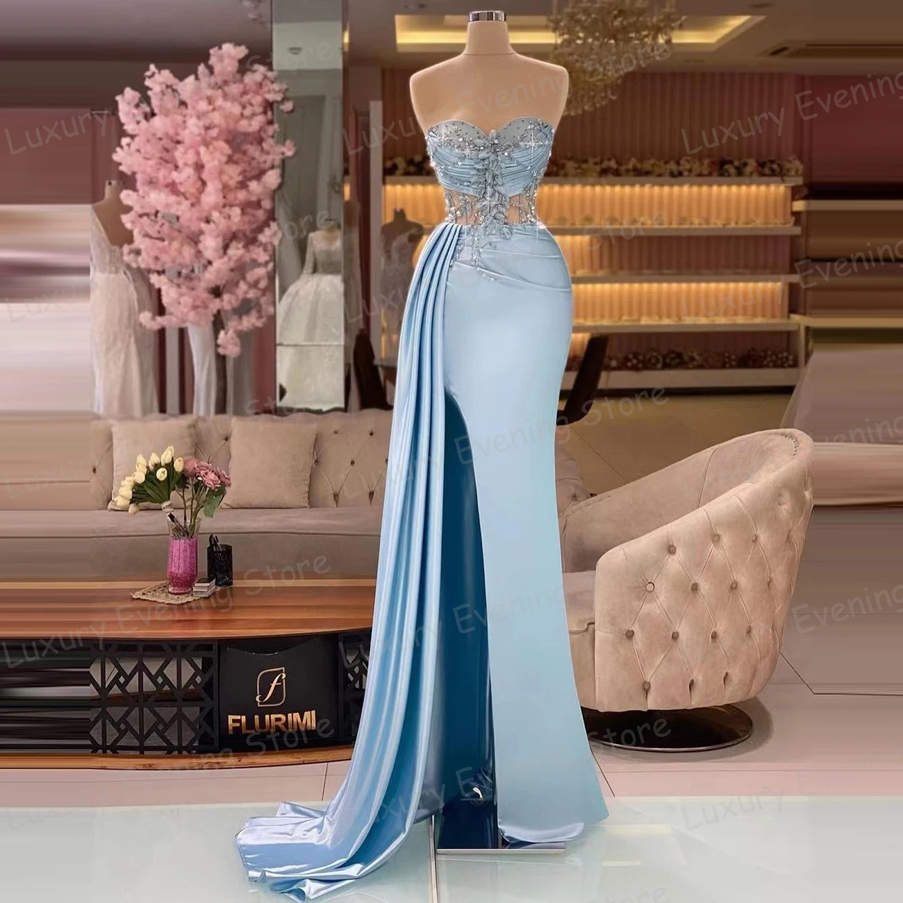 Elegant Sweetheart Evening Dresses Women's Mermaid Sexy Appliques Prom Gowns Sleeveless High Split Satin Party فساتين سهرة 2024