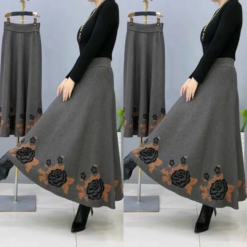 Women Floral Embroidered Knit Maxi Skirt High Waist A-Line Long Skirt Bohemian Rose Elastic Waist Warm Winter Casual/Party Lady