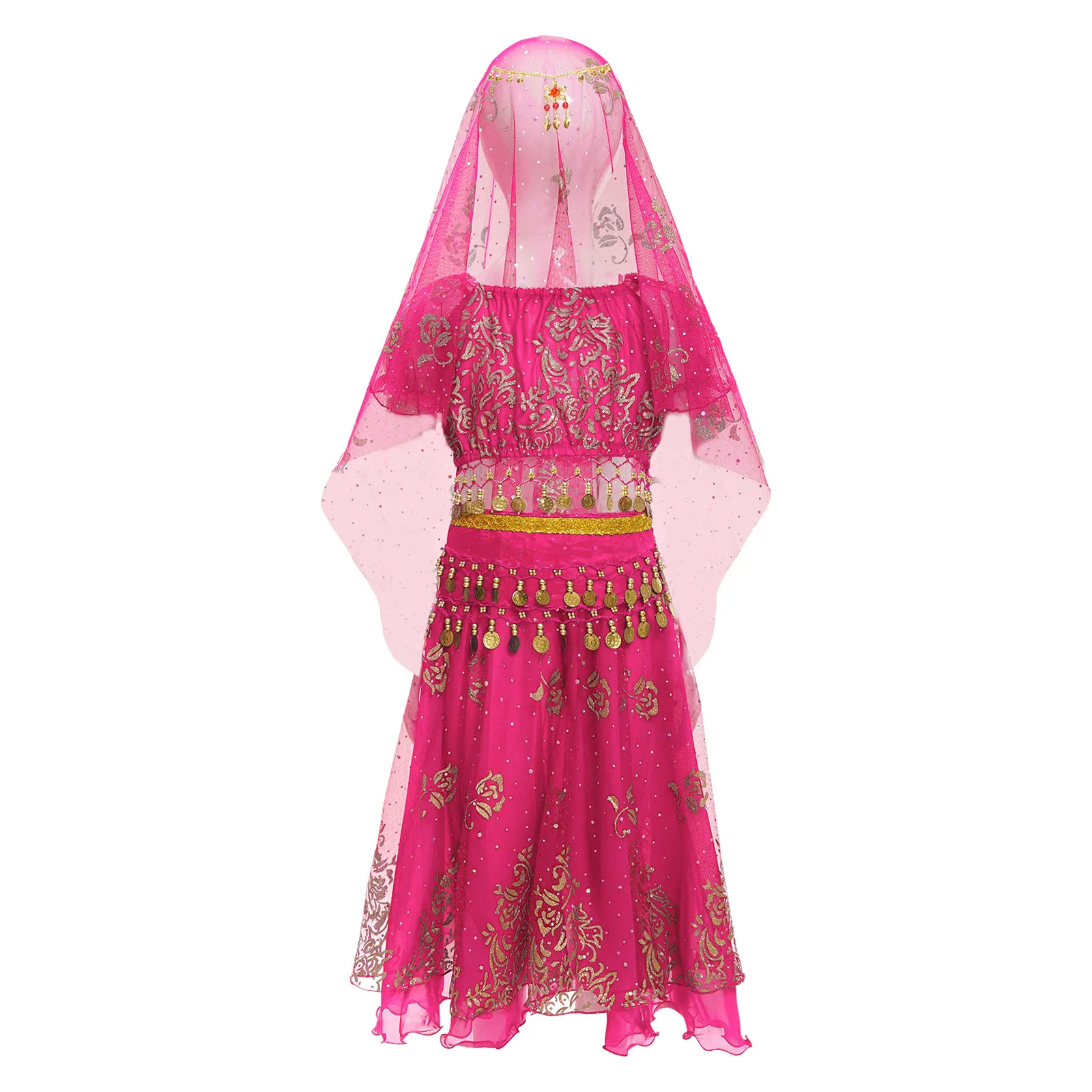 

Kids Girls Belly Dance Set Halloween Indian Princess Costume Puff Sleeve Crop Top with Skirt Waist Chain Headscarf and Headwear